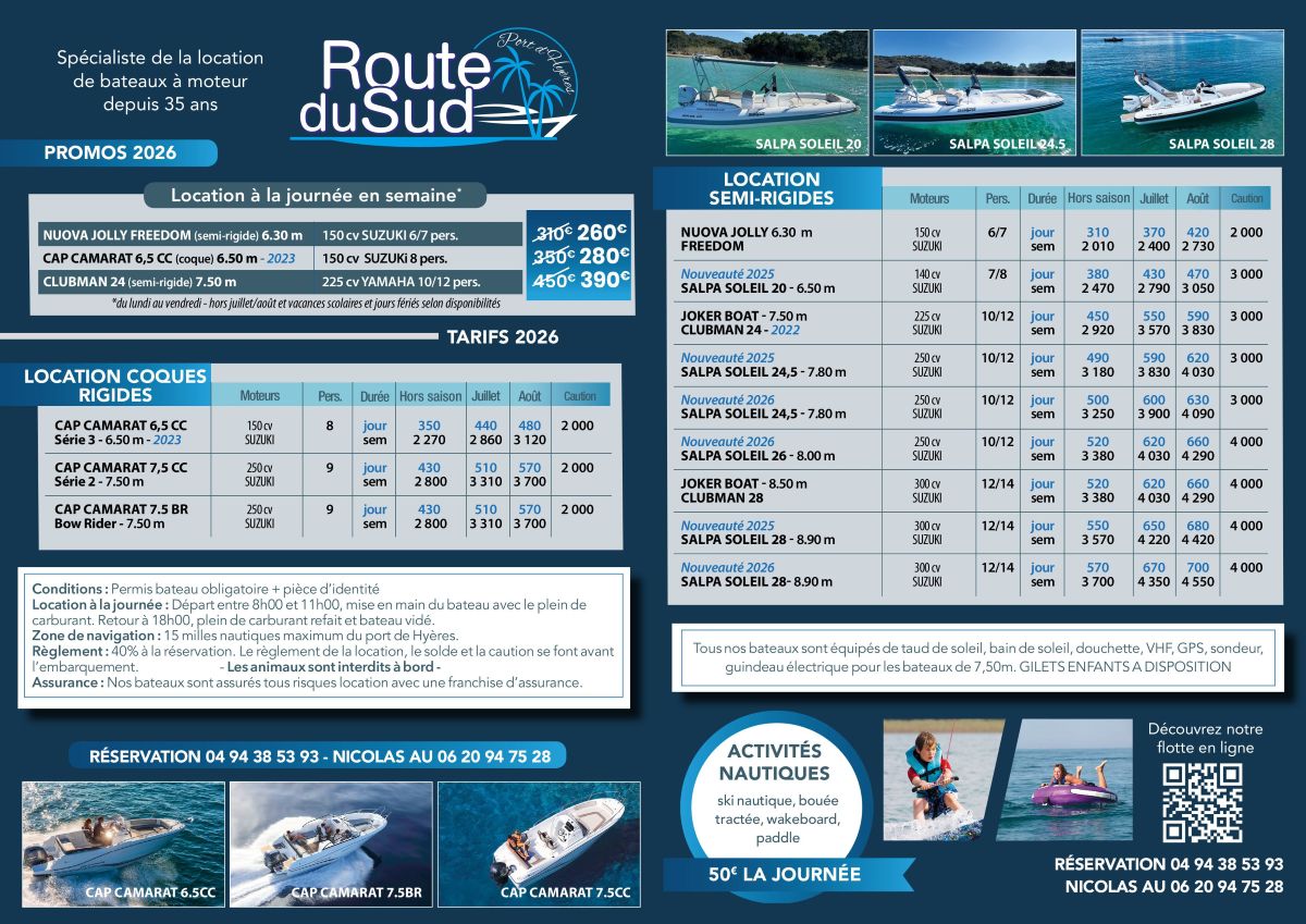 Prix tarif pas cher route du sud location bateau hyeres var 83
